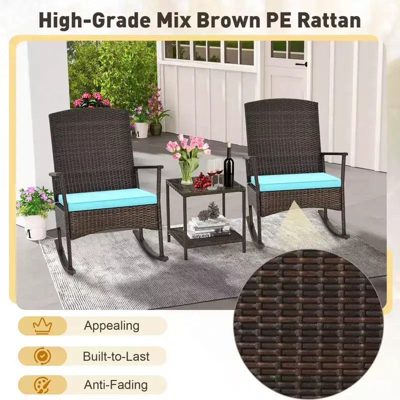 Costway Ensemble de 3 Meubles de Jardin à Bascule avec Fauteuils à Bascule en Osier et Table Basse à 2 Niveaux Turquoise/Blanc Cassé/Noir
