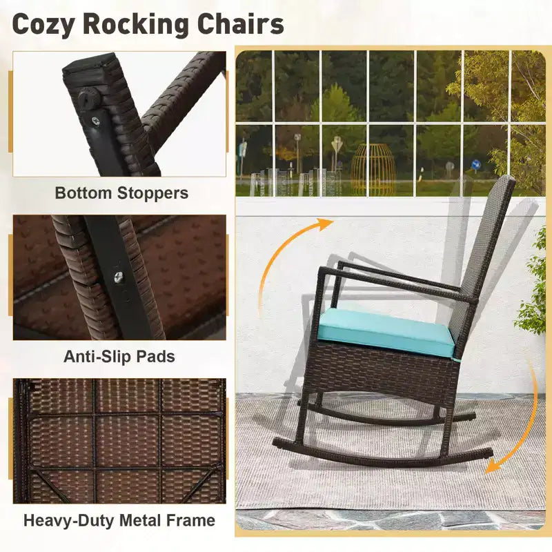 Costway Ensemble de 3 Meubles de Jardin à Bascule avec Fauteuils à Bascule en Osier et Table Basse à 2 Niveaux Turquoise/Blanc Cassé/Noir
