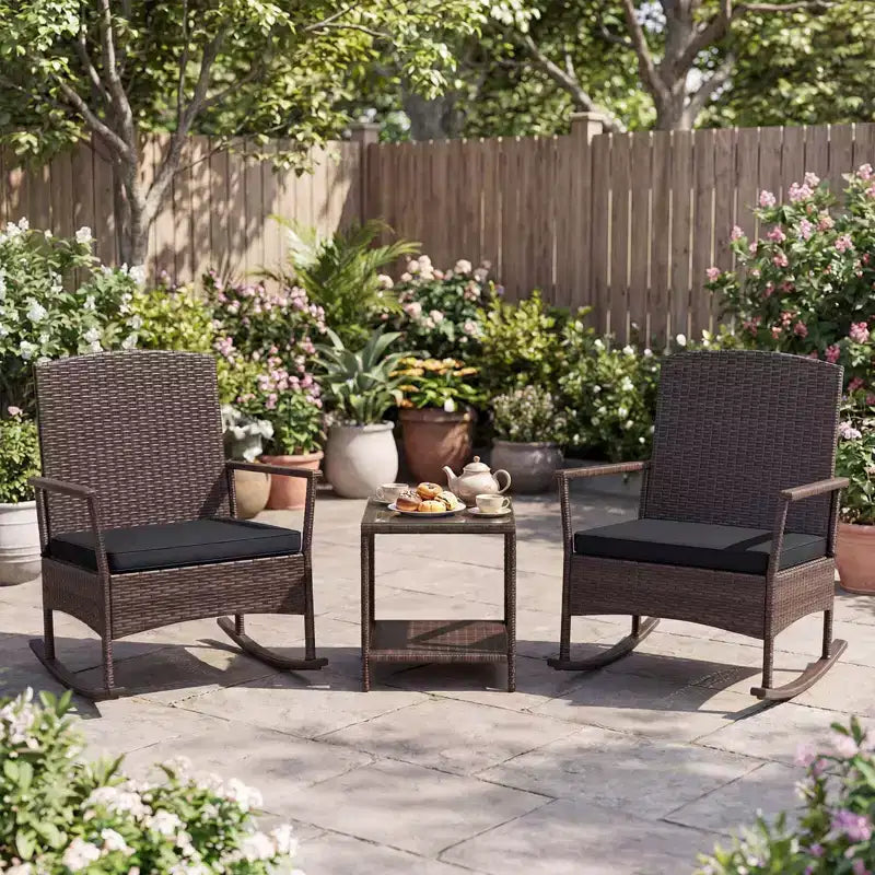 Costway Ensemble de 3 Meubles de Jardin à Bascule avec Fauteuils à Bascule en Osier et Table Basse à 2 Niveaux Turquoise/Blanc Cassé/Noir