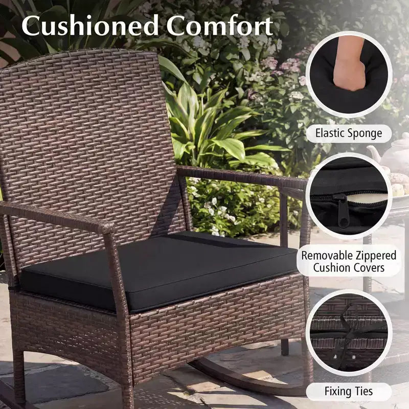 Costway Ensemble de 3 Meubles de Jardin à Bascule avec Fauteuils à Bascule en Osier et Table Basse à 2 Niveaux Turquoise/Blanc Cassé/Noir