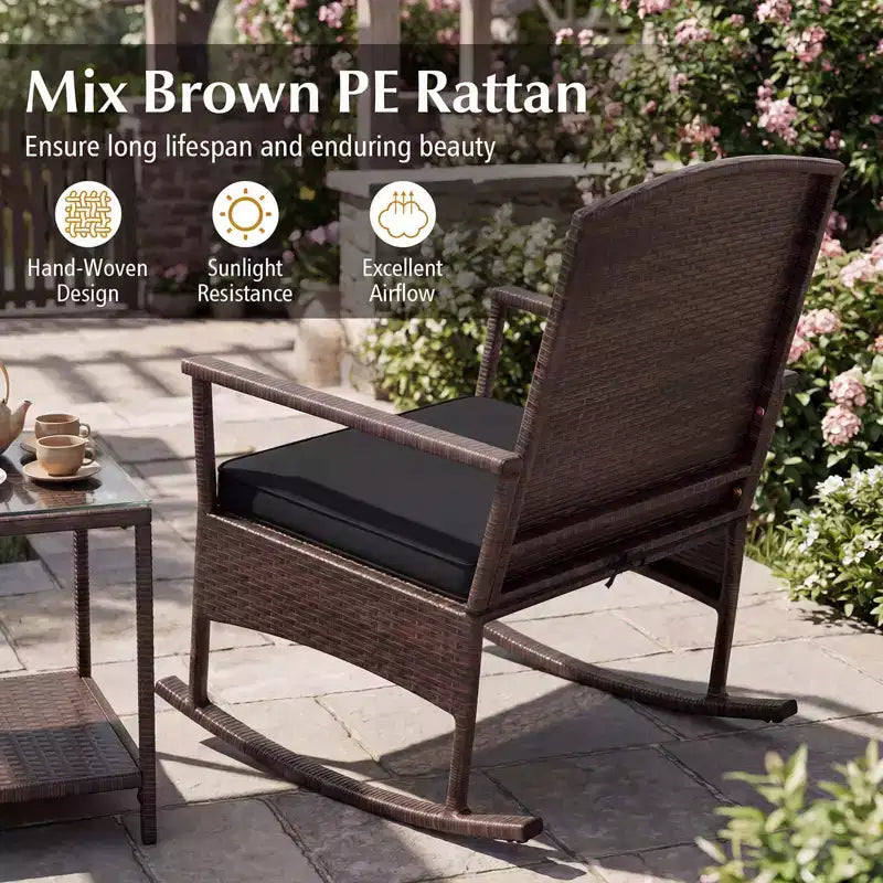 Costway Ensemble de 3 Meubles de Jardin à Bascule avec Fauteuils à Bascule en Osier et Table Basse à 2 Niveaux Turquoise/Blanc Cassé/Noir