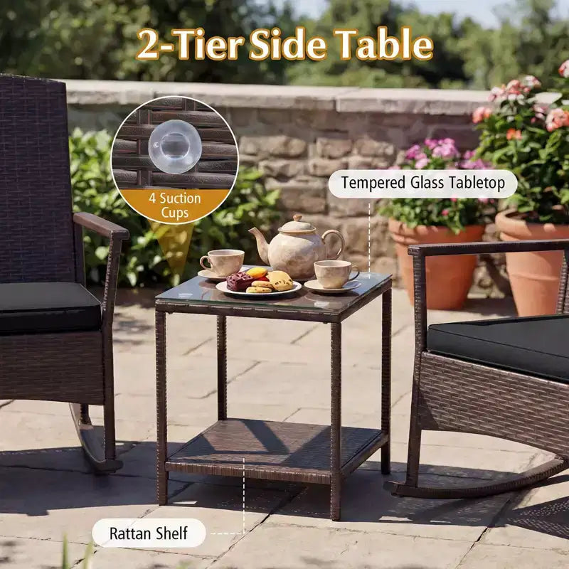 Costway Ensemble de 3 Meubles de Jardin à Bascule avec Fauteuils à Bascule en Osier et Table Basse à 2 Niveaux Turquoise/Blanc Cassé/Noir