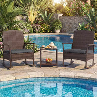 Costway Ensemble de 3 Meubles de Jardin à Bascule avec Fauteuils à Bascule en Osier et Table Basse à 2 Niveaux Turquoise/Blanc Cassé/Noir