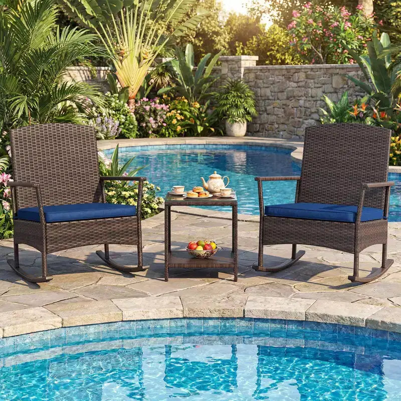 Costway Ensemble de 3 Meubles de Jardin à Bascule avec Fauteuils à Bascule en Osier et Table Basse à 2 Niveaux Turquoise/Blanc Cassé/Noir