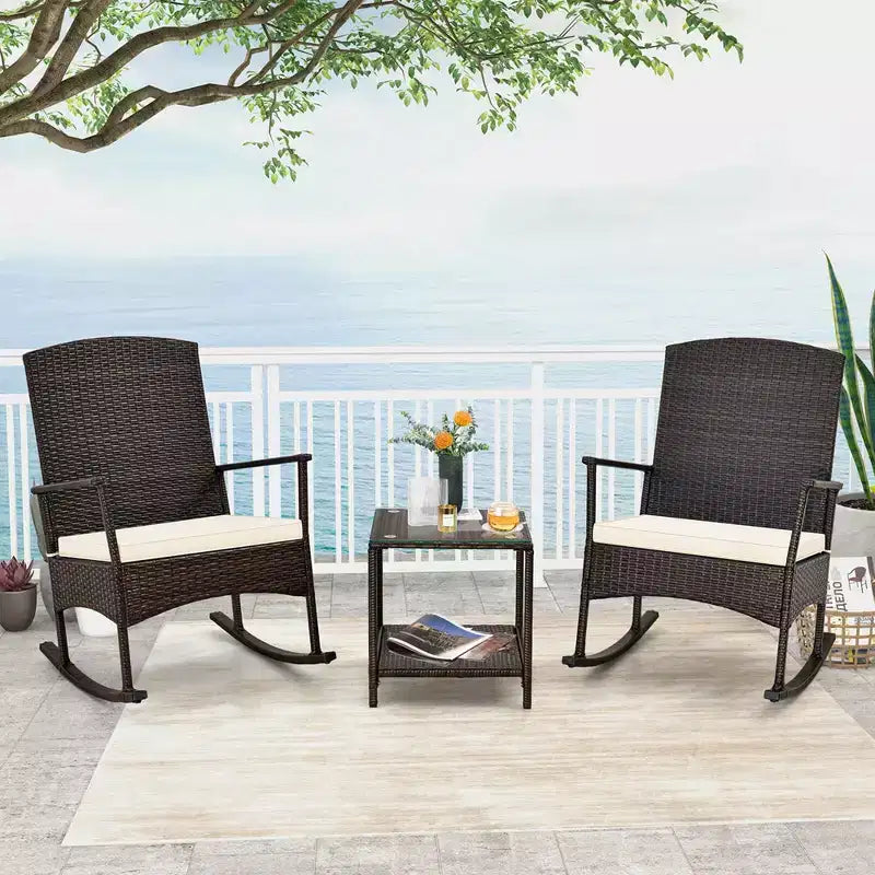 Costway Ensemble de 3 Meubles de Jardin à Bascule avec Fauteuils à Bascule en Osier et Table Basse à 2 Niveaux Turquoise/Blanc Cassé/Noir