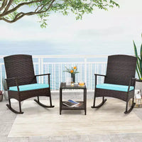 Costway Ensemble de 3 Meubles de Jardin à Bascule avec Fauteuils à Bascule en Osier et Table Basse à 2 Niveaux Turquoise/Blanc Cassé/Noir