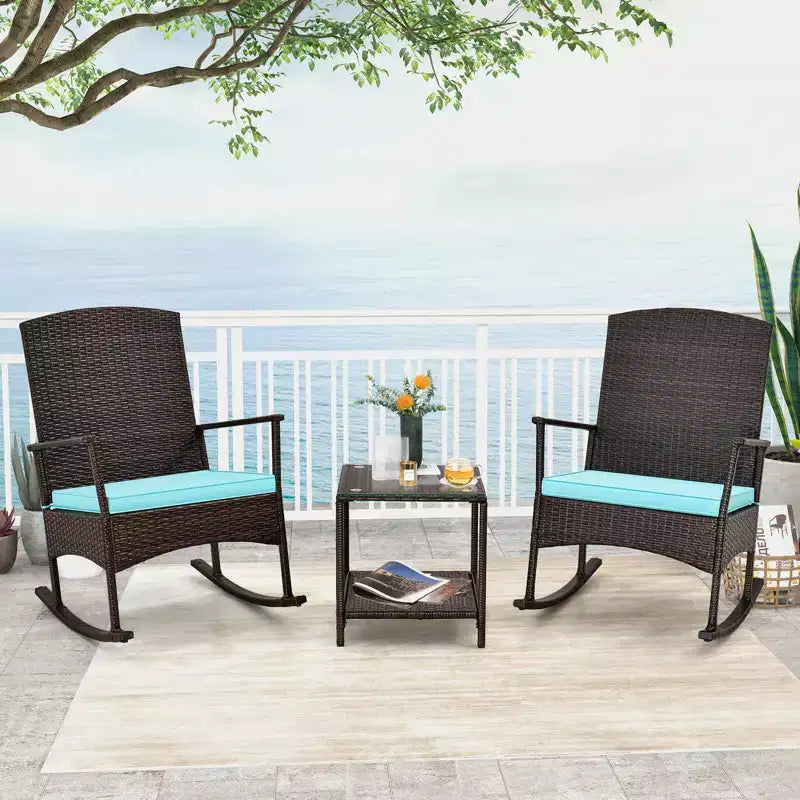 Costway Ensemble de 3 Meubles de Jardin à Bascule avec Fauteuils à Bascule en Osier et Table Basse à 2 Niveaux Turquoise/Blanc Cassé/Noir