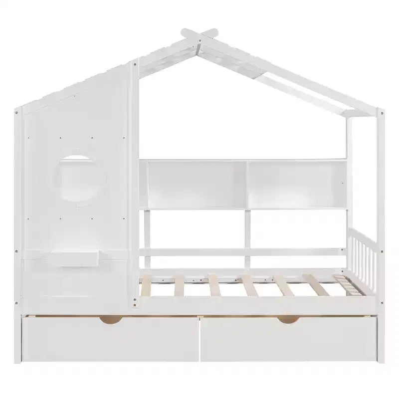 Lit maison en bois taille Twin / Full avec 2 tiroirs, lit enfant avec étagère de rangement - ModernLuxe