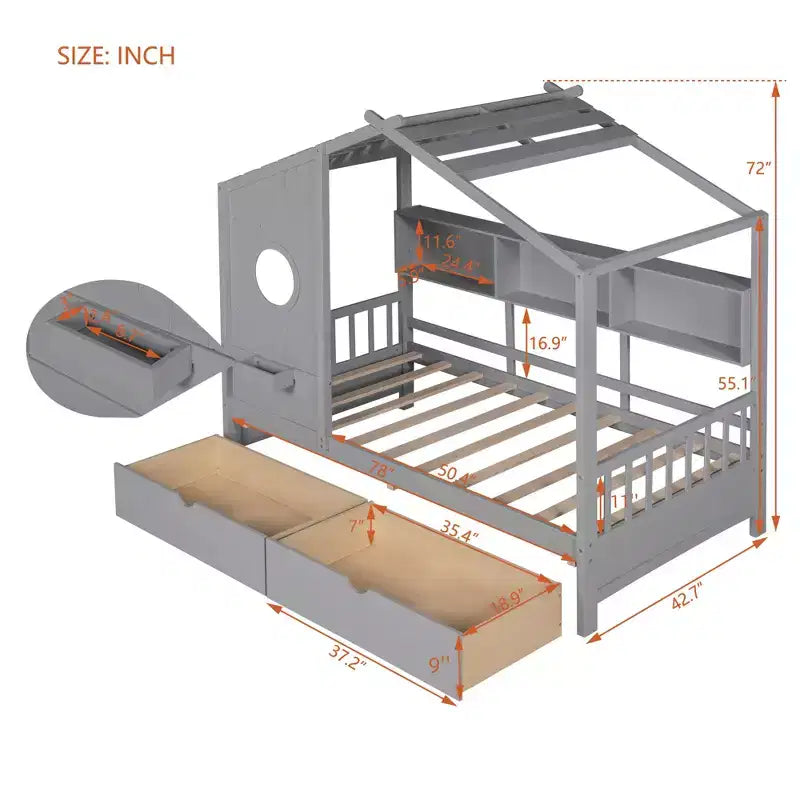 Lit maison en bois taille Twin / Full avec 2 tiroirs, lit enfant avec étagère de rangement - ModernLuxe