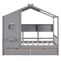 Lit cabane en bois double/complet avec 2 tiroirs, lit pour enfants avec étagère de rangement - ModernLuxe