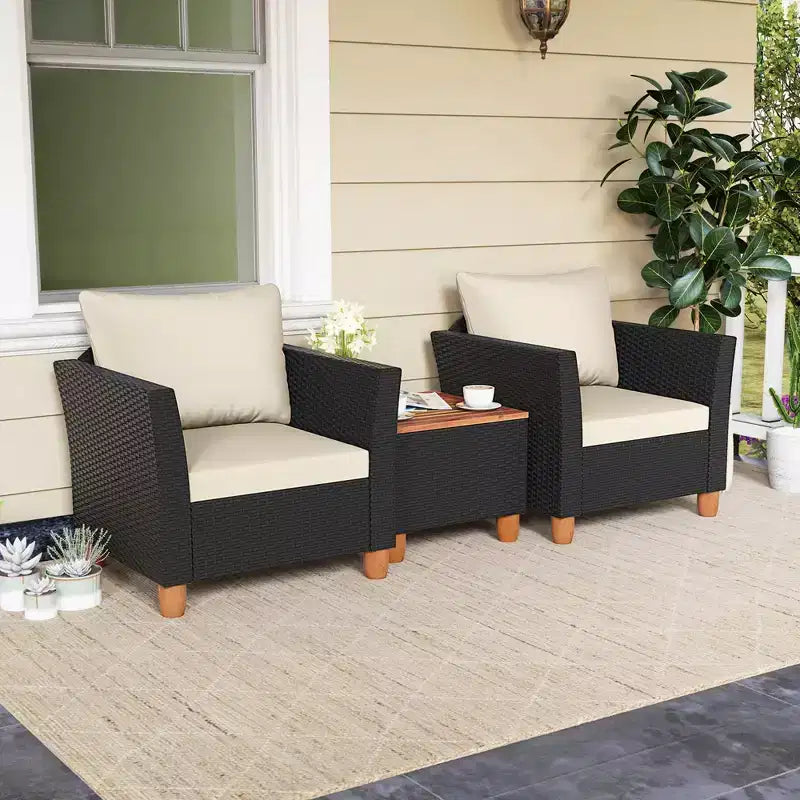 Ensemble de mobilier de patio en rotin Costway 3 pièces, canapé rembourré, table de rangement avec plateau en bois Blanc/Noir/Gris/Bleu marine/Rouge/Turquoise