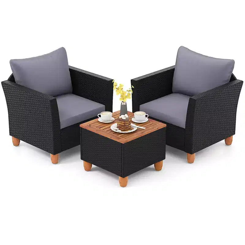 Ensemble de mobilier de patio en rotin Costway 3 pièces, canapé rembourré, table de rangement avec plateau en bois Blanc/Noir/Gris/Bleu marine/Rouge/Turquoise