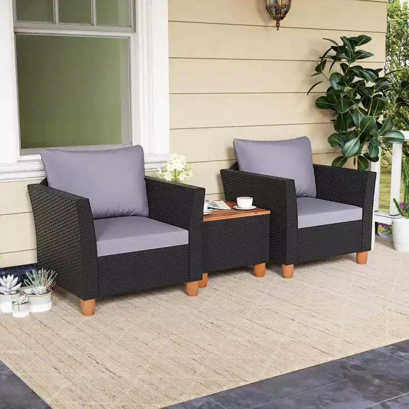 Ensemble de mobilier de patio en rotin Costway 3 pièces, canapé rembourré, table de rangement avec plateau en bois Blanc/Noir/Gris/Bleu marine/Rouge/Turquoise