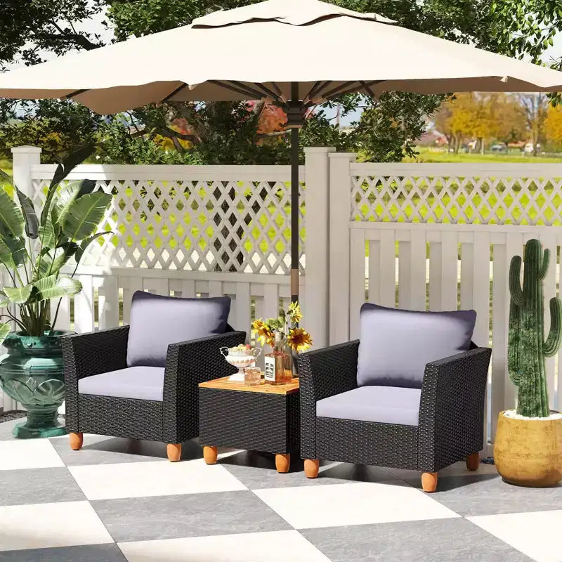 Ensemble de mobilier de patio en rotin Costway 3 pièces, canapé rembourré, table de rangement avec plateau en bois Blanc/Noir/Gris/Bleu marine/Rouge/Turquoise