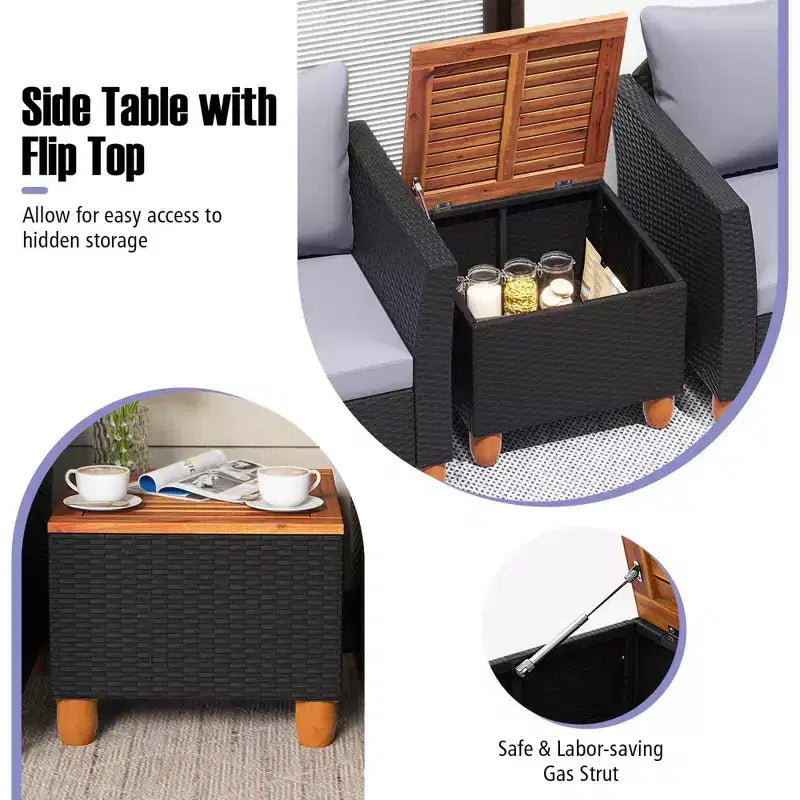 Ensemble de mobilier de patio en rotin Costway 3 pièces, canapé rembourré, table de rangement avec plateau en bois Blanc/Noir/Gris/Bleu marine/Rouge/Turquoise