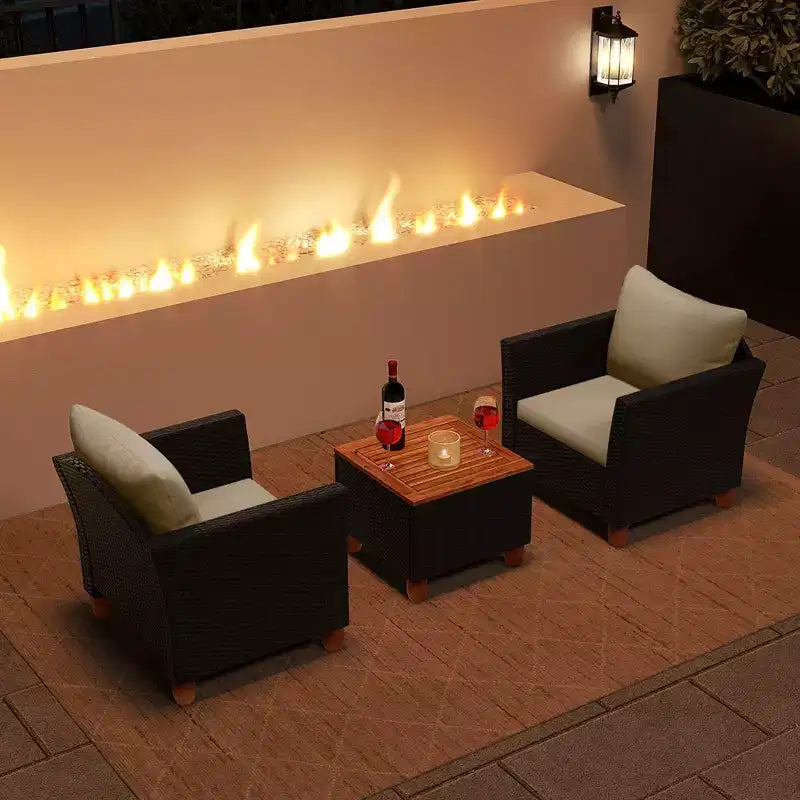 Ensemble de mobilier de patio en rotin Costway 3 pièces, canapé rembourré, table de rangement avec plateau en bois Blanc/Noir/Gris/Bleu marine/Rouge/Turquoise