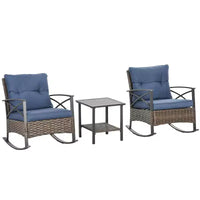 Outsunny Ensemble bistro 3 pièces en osier à bascule, mobilier de jardin avec deux fauteuils à bascule pour porche, coussins, table basse à deux niveaux