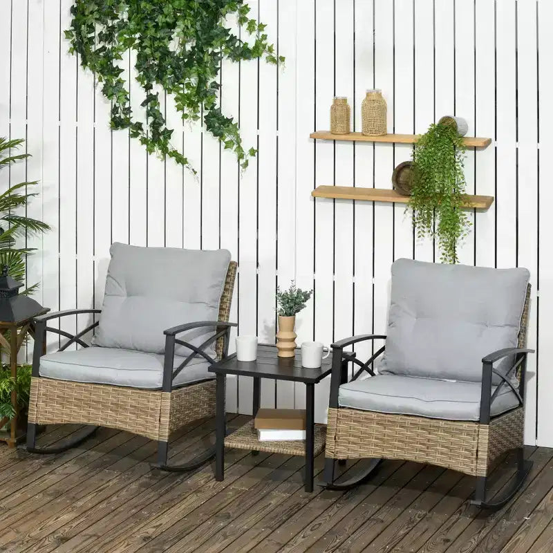 Outsunny Ensemble bistro 3 pièces en osier à bascule, mobilier de jardin avec deux fauteuils à bascule pour porche, coussins, table basse à deux niveaux