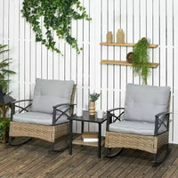 Outsunny Ensemble bistro 3 pièces en osier à bascule, mobilier de jardin avec deux fauteuils à bascule pour porche, coussins, table basse à deux niveaux