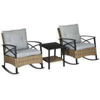 Outsunny Ensemble bistro 3 pièces en osier à bascule, mobilier de jardin avec deux fauteuils à bascule pour porche, coussins, table basse à deux niveaux