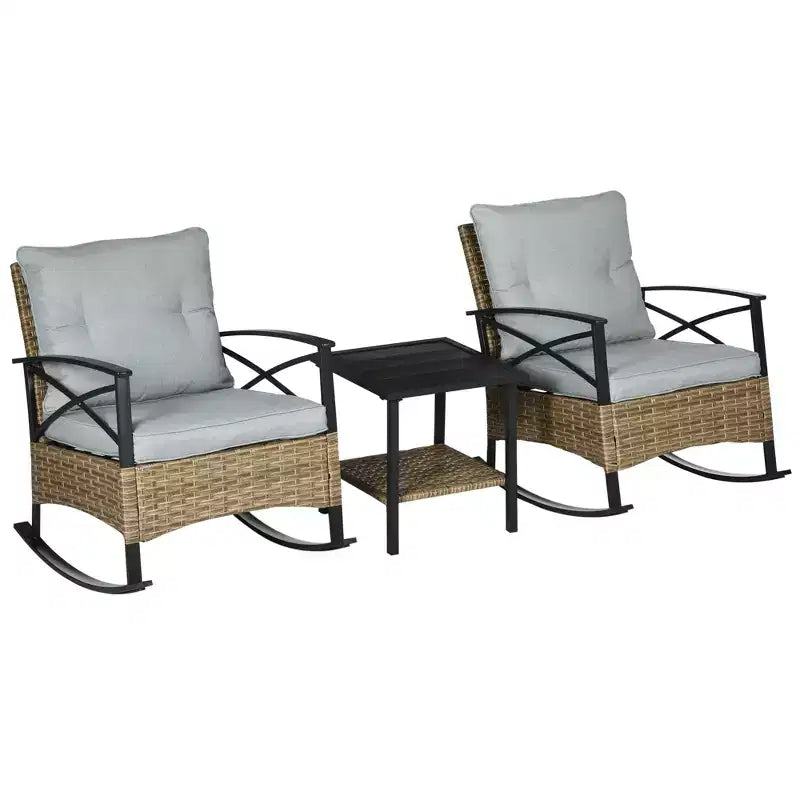Outsunny Ensemble bistro 3 pièces en osier à bascule, mobilier de jardin avec deux fauteuils à bascule pour porche, coussins, table basse à deux niveaux