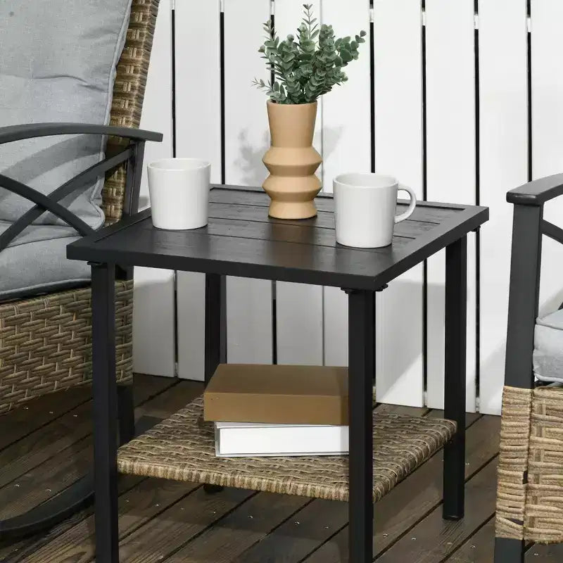 Outsunny Ensemble bistro 3 pièces en osier à bascule, mobilier de jardin avec deux fauteuils à bascule pour porche, coussins, table basse à deux niveaux