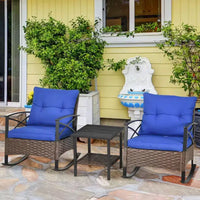 Outsunny Ensemble bistro 3 pièces en osier à bascule, mobilier de jardin avec deux fauteuils à bascule pour porche, coussins, table basse à deux niveaux