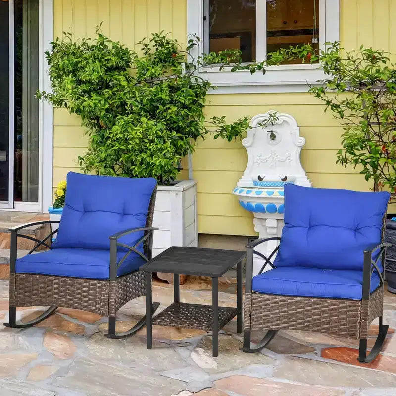 Outsunny Ensemble bistro 3 pièces en osier à bascule, mobilier de jardin avec deux fauteuils à bascule pour porche, coussins, table basse à deux niveaux