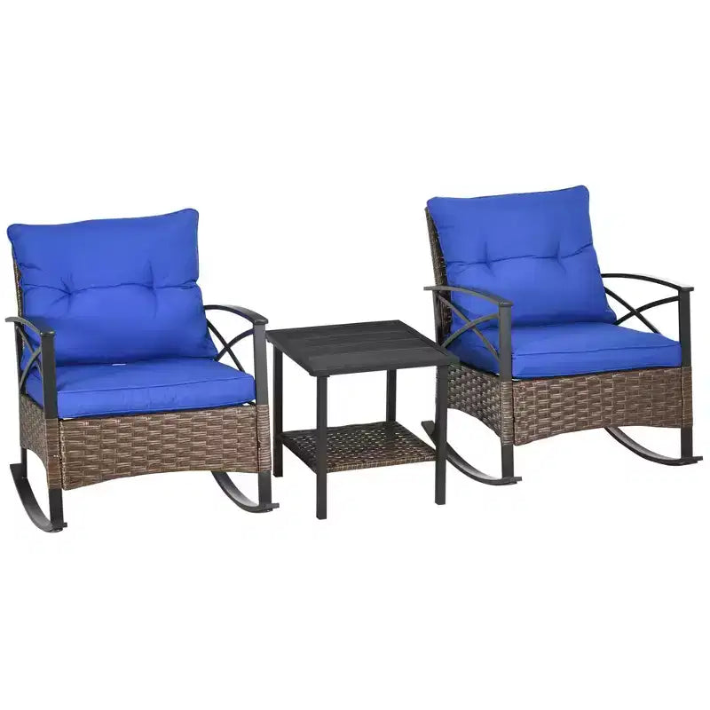 Outsunny Ensemble bistro 3 pièces en osier à bascule, mobilier de jardin avec deux fauteuils à bascule pour porche, coussins, table basse à deux niveaux