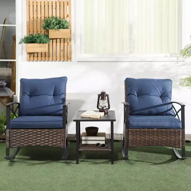 Outsunny Ensemble bistro 3 pièces en osier à bascule, mobilier de jardin avec deux fauteuils à bascule pour porche, coussins, table basse à deux niveaux