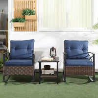 Outsunny Ensemble bistro 3 pièces en osier à bascule, mobilier de jardin avec deux fauteuils à bascule pour porche, coussins, table basse à deux niveaux