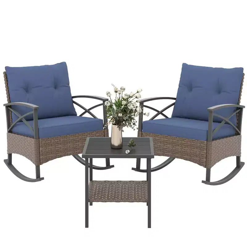 Outsunny Ensemble bistro 3 pièces en osier à bascule, mobilier de jardin avec deux fauteuils à bascule pour porche, coussins, table basse à deux niveaux