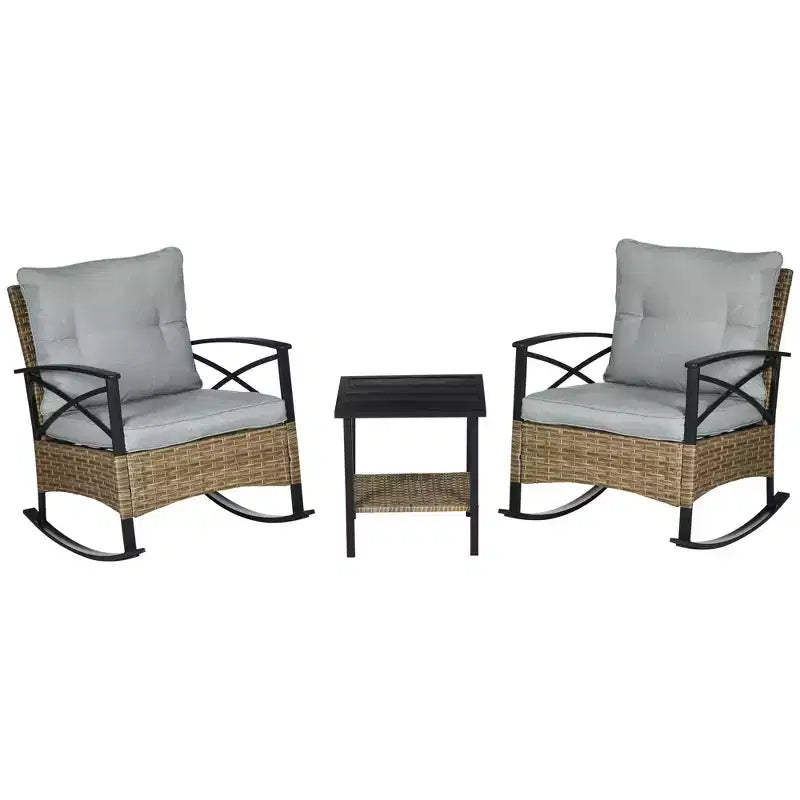 Outsunny Ensemble bistro 3 pièces en osier à bascule, mobilier de jardin avec deux fauteuils à bascule pour porche, coussins, table basse à deux niveaux