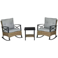 Outsunny Ensemble bistro 3 pièces en osier à bascule, mobilier de jardin avec deux fauteuils à bascule pour porche, coussins, table basse à deux niveaux