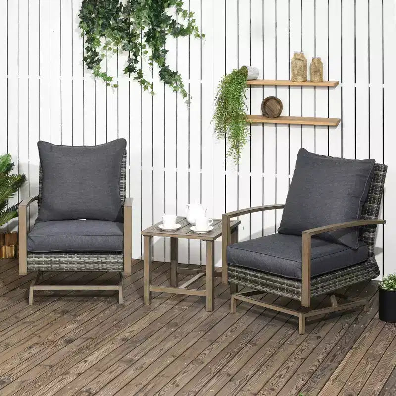 Outsunny Ensemble Bistro de Jardin 3 Pièces, Meubles d'Extérieur en Rotin PE avec Coussins Doux, 2 Fauteuils à Bascule, Table Basse à Lattes
