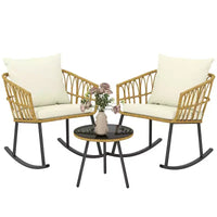 Outsunny Ensemble de 3 Meubles de Jardin avec Coussins et Fauteuils à Bascule, Table Basse à Plateau en Verre, Ensemble Bistro en Rotin, Blanc Crème
