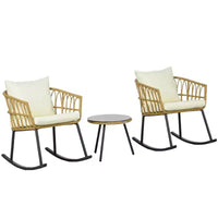 Outsunny Ensemble de 3 Meubles de Jardin avec Coussins et Fauteuils à Bascule, Table Basse à Plateau en Verre, Ensemble Bistro en Rotin, Blanc Crème