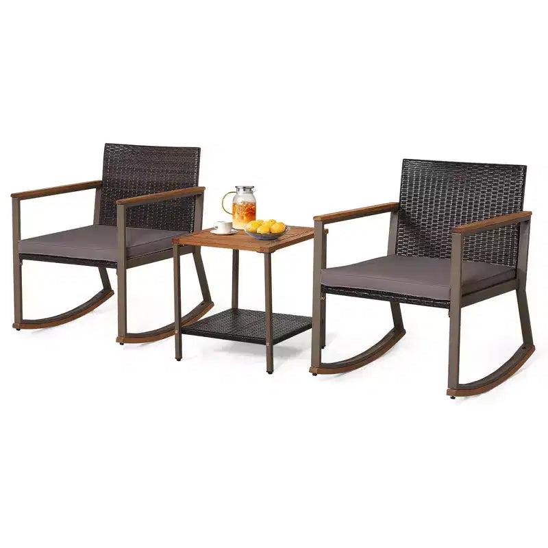 Costway Ensemble de Bistrot 3 Pièces avec Fauteuils à Bascule en Rotin de Patio, Coussins d'Accoudoirs et Table avec Étagère de Rangement Bleu Marine/Gris/Blanc Cassé