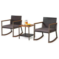 Costway Ensemble de Bistrot 3 Pièces avec Fauteuils à Bascule en Rotin de Patio, Coussins d'Accoudoirs et Table avec Étagère de Rangement Bleu Marine/Gris/Blanc Cassé