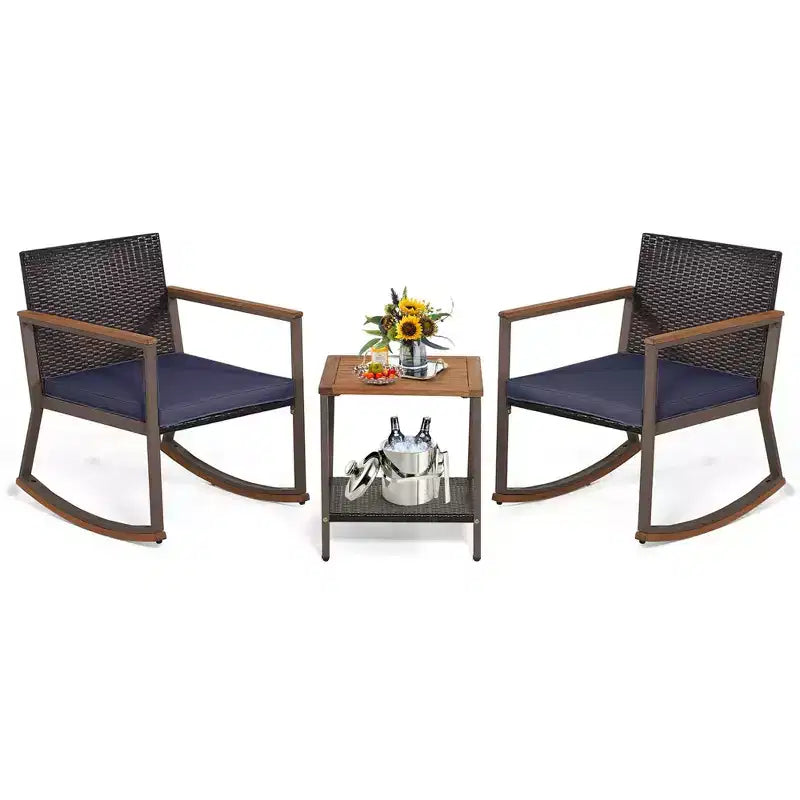 Costway Ensemble de Bistrot 3 Pièces avec Fauteuils à Bascule en Rotin de Patio, Coussins d'Accoudoirs et Table avec Étagère de Rangement Bleu Marine/Gris/Blanc Cassé