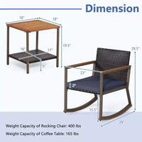 Costway Ensemble de Bistrot 3 Pièces avec Fauteuils à Bascule en Rotin de Patio, Coussins d'Accoudoirs et Table avec Étagère de Rangement Bleu Marine/Gris/Blanc Cassé