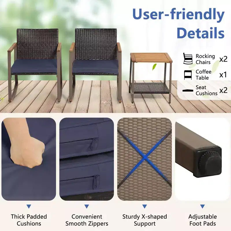 Costway Ensemble de Bistrot 3 Pièces avec Fauteuils à Bascule en Rotin de Patio, Coussins d'Accoudoirs et Table avec Étagère de Rangement Bleu Marine/Gris/Blanc Cassé