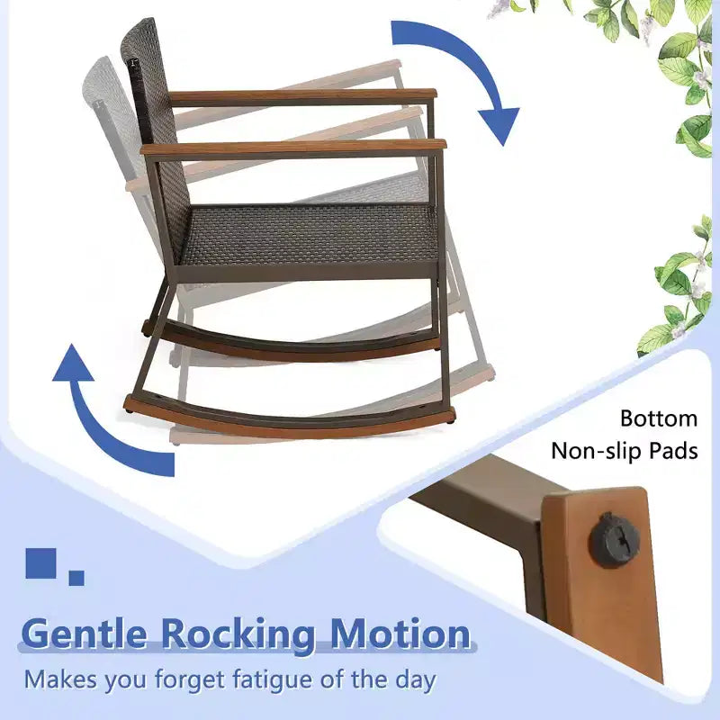 Costway Ensemble de Bistrot 3 Pièces avec Fauteuils à Bascule en Rotin de Patio, Coussins d'Accoudoirs et Table avec Étagère de Rangement Bleu Marine/Gris/Blanc Cassé