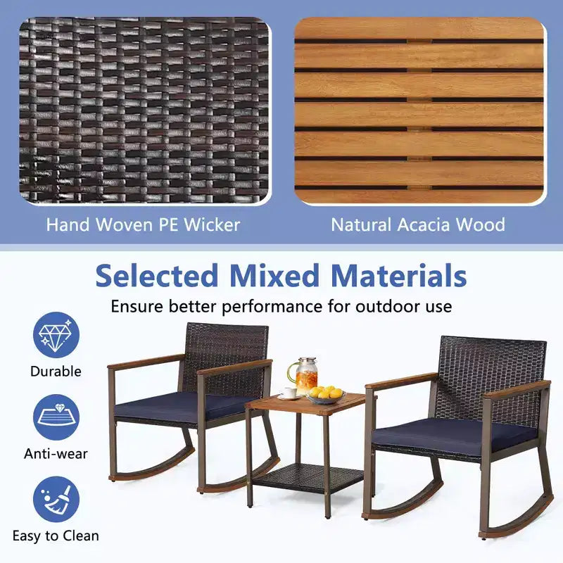 Costway Ensemble de Bistrot 3 Pièces avec Fauteuils à Bascule en Rotin de Patio, Coussins d'Accoudoirs et Table avec Étagère de Rangement Bleu Marine/Gris/Blanc Cassé