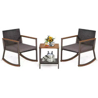 Costway Ensemble de Bistrot 3 Pièces avec Fauteuils à Bascule en Rotin de Patio, Coussins d'Accoudoirs et Table avec Étagère de Rangement Bleu Marine/Gris/Blanc Cassé