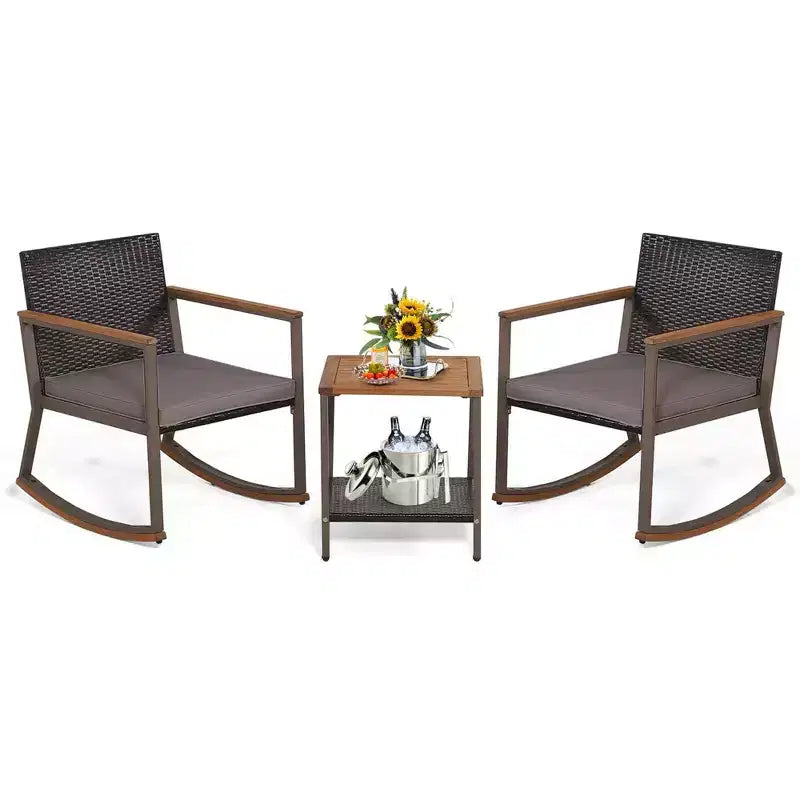 Costway Ensemble de Bistrot 3 Pièces avec Fauteuils à Bascule en Rotin de Patio, Coussins d'Accoudoirs et Table avec Étagère de Rangement Bleu Marine/Gris/Blanc Cassé