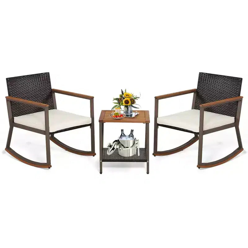 Costway Ensemble de Bistrot 3 Pièces avec Fauteuils à Bascule en Rotin de Patio, Coussins d'Accoudoirs et Table avec Étagère de Rangement Bleu Marine/Gris/Blanc Cassé
