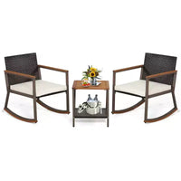 Costway Ensemble de Bistrot 3 Pièces avec Fauteuils à Bascule en Rotin de Patio, Coussins d'Accoudoirs et Table avec Étagère de Rangement Bleu Marine/Gris/Blanc Cassé