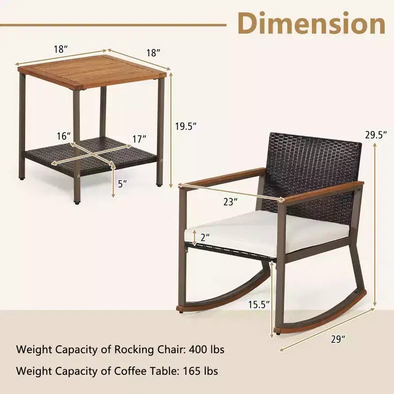 Costway Ensemble de Bistrot 3 Pièces avec Fauteuils à Bascule en Rotin de Patio, Coussins d'Accoudoirs et Table avec Étagère de Rangement Bleu Marine/Gris/Blanc Cassé
