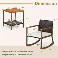 Costway Ensemble de Bistrot 3 Pièces avec Fauteuils à Bascule en Rotin de Patio, Coussins d'Accoudoirs et Table avec Étagère de Rangement Bleu Marine/Gris/Blanc Cassé